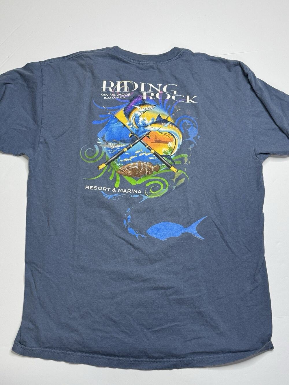 Riding Rock Bahamas Fishing T Shirt Mens L Blue Marlin Resort Marina Tee